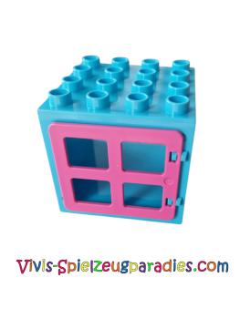 Lego Duplo Tür-/Fensterrahmen 4 x 4 x 3 Dicke Platte mit Fenster mit vier Scheiben eckige Ecken (11345,90265) mittleres Azur / Dunkelrosa