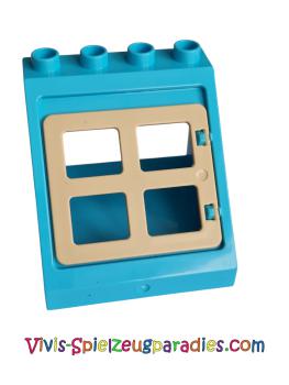 Lego Duplo Dachschräge 4 x 4 x 3 mit Fensteröffnung mit Fensterscheibe (27396-90265) mittleres Azurblau/Tan