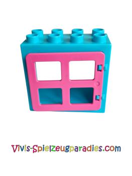 Lego Duplo Tür-/Fensterrahmen 2 x 4 x 3 flache Frontfläche, komplett offene Rückseite mit Fensterscheibe (61649-90265) mittleres Azurblau/Dunkelrosa
