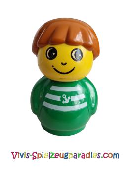 Lego Duplo Primo Figur Junge mit grüner Basis, grünem Oberteil mit weißen Streifen und Ankermuster, dunkelorangefarbenes Haar (baby015)