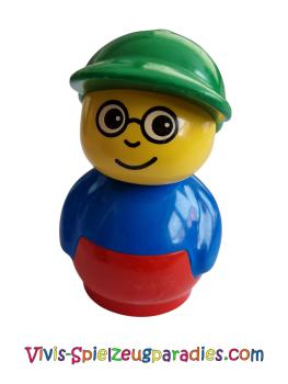 Lego Duplo Primo Figur Junge mit rotem Sockel, blauem Oberteil, grünem Hut, Brille (baby008)