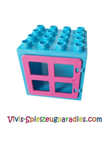 Lego Duplo Tür-/Fensterrahmen 4 x 4 x 3 Dicke Platte mit Fenster mit vier Scheiben eckige Ecken (11345,90265) mittleres Azur / Dunkelrosa