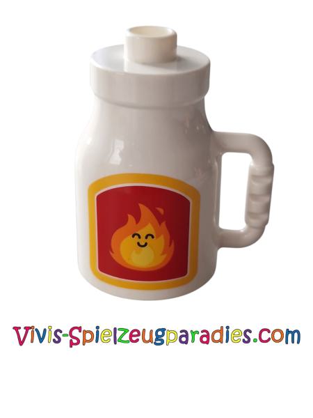 Lego Duplo Flasche Grillanzünder  mit Henkel mit Feuer, mit rotem Gesicht und leuchtendem hellem Orange Etikett  (35092pb02)